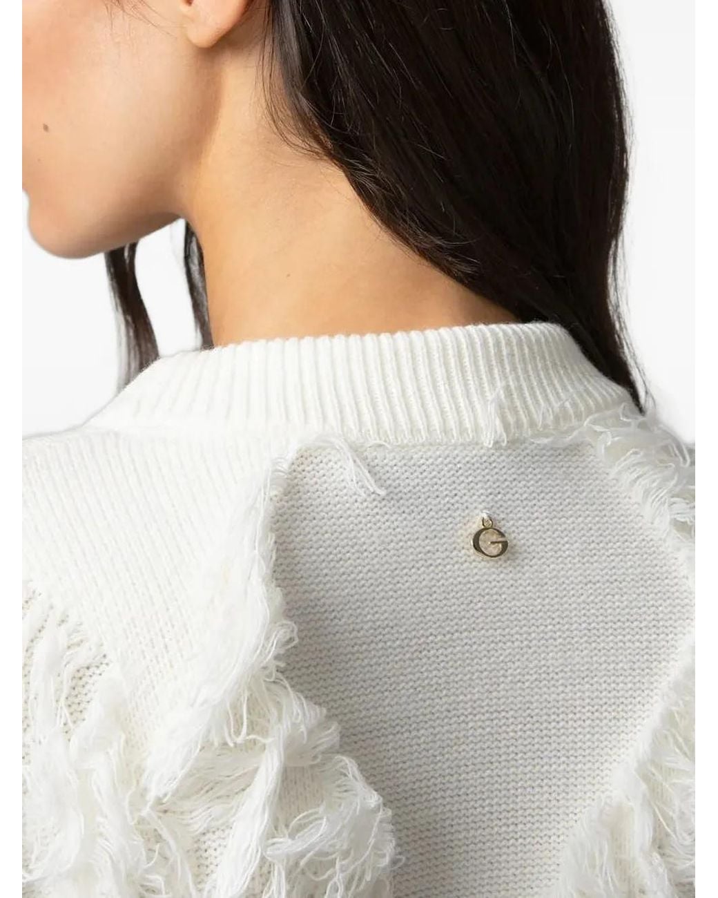 Gaelle Paris White Fringed Drop-Shoulder Sweater