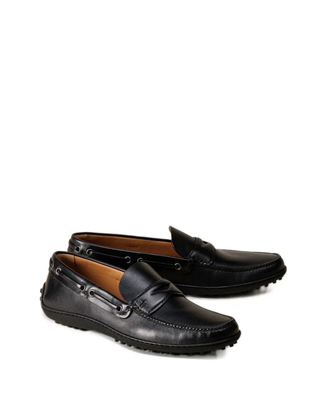 Car Shoe Black Bleached-Leather Apron-Toe Loafers for men