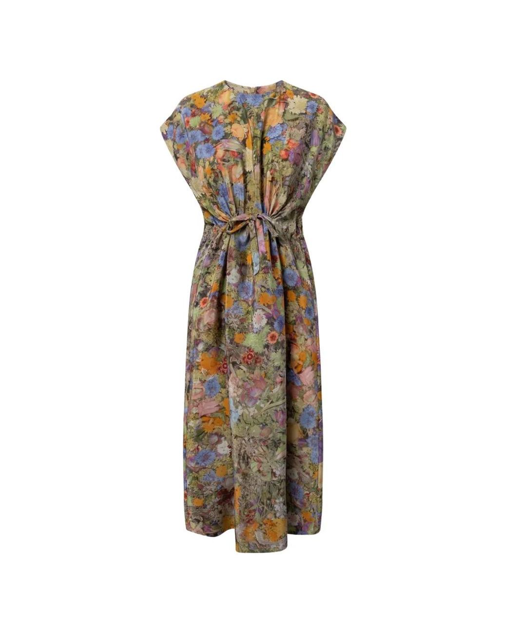 Anntian Natural Simple Floral-Print Tie-Waist Midi Dress