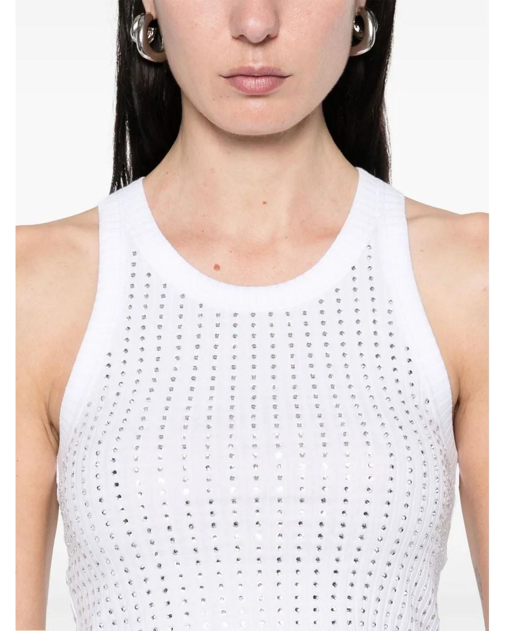 The Attico White Ribbed Cotton Top With All-Over Rhinestone Appliqué