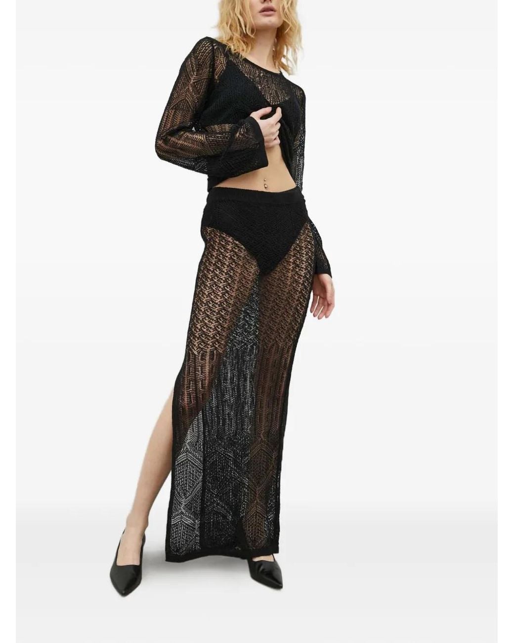 Herskind Black Open-Work Slit Maxi Skirt