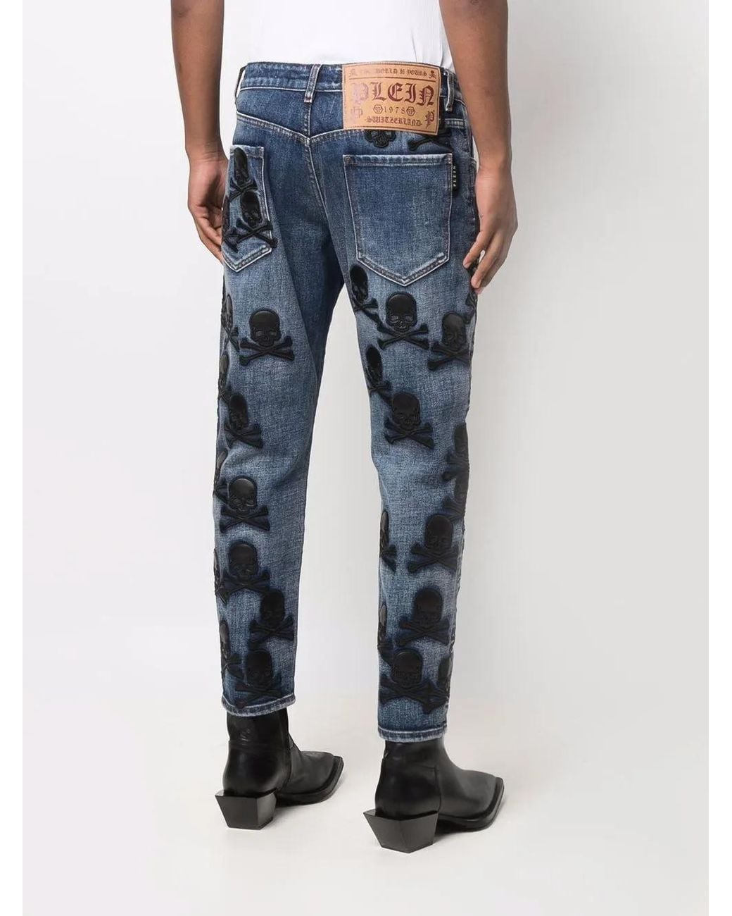 Philipp Plein Blue Skull-Patch Tapered Jeans for men