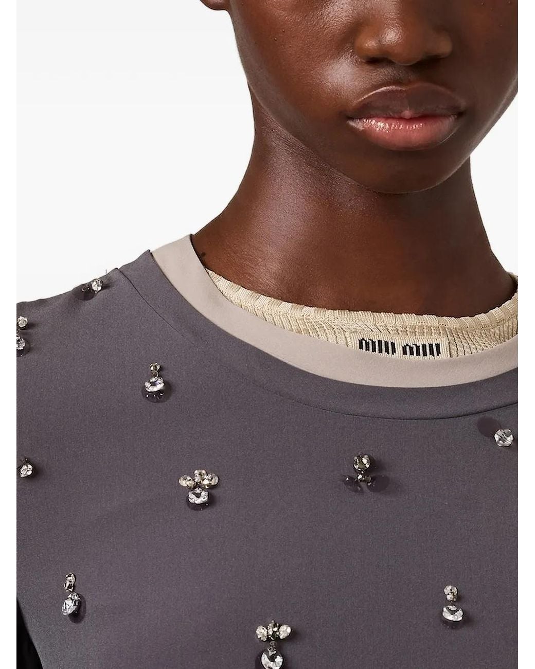 Miu Miu Gray Embroidered Stretch Georgette Dress