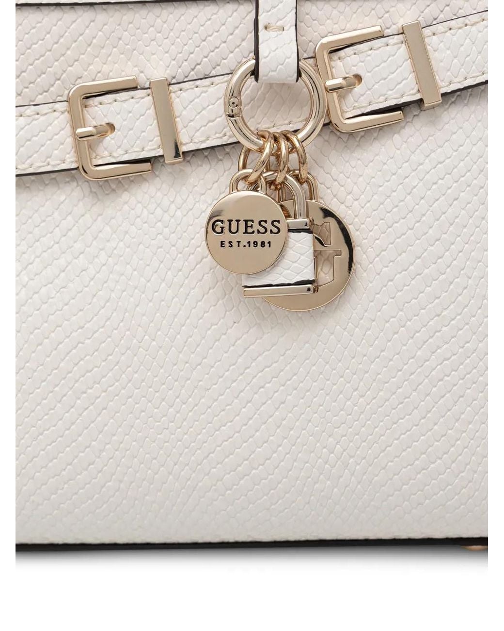 Guess White Buckle-Detail Logo-Charm Tote Bag