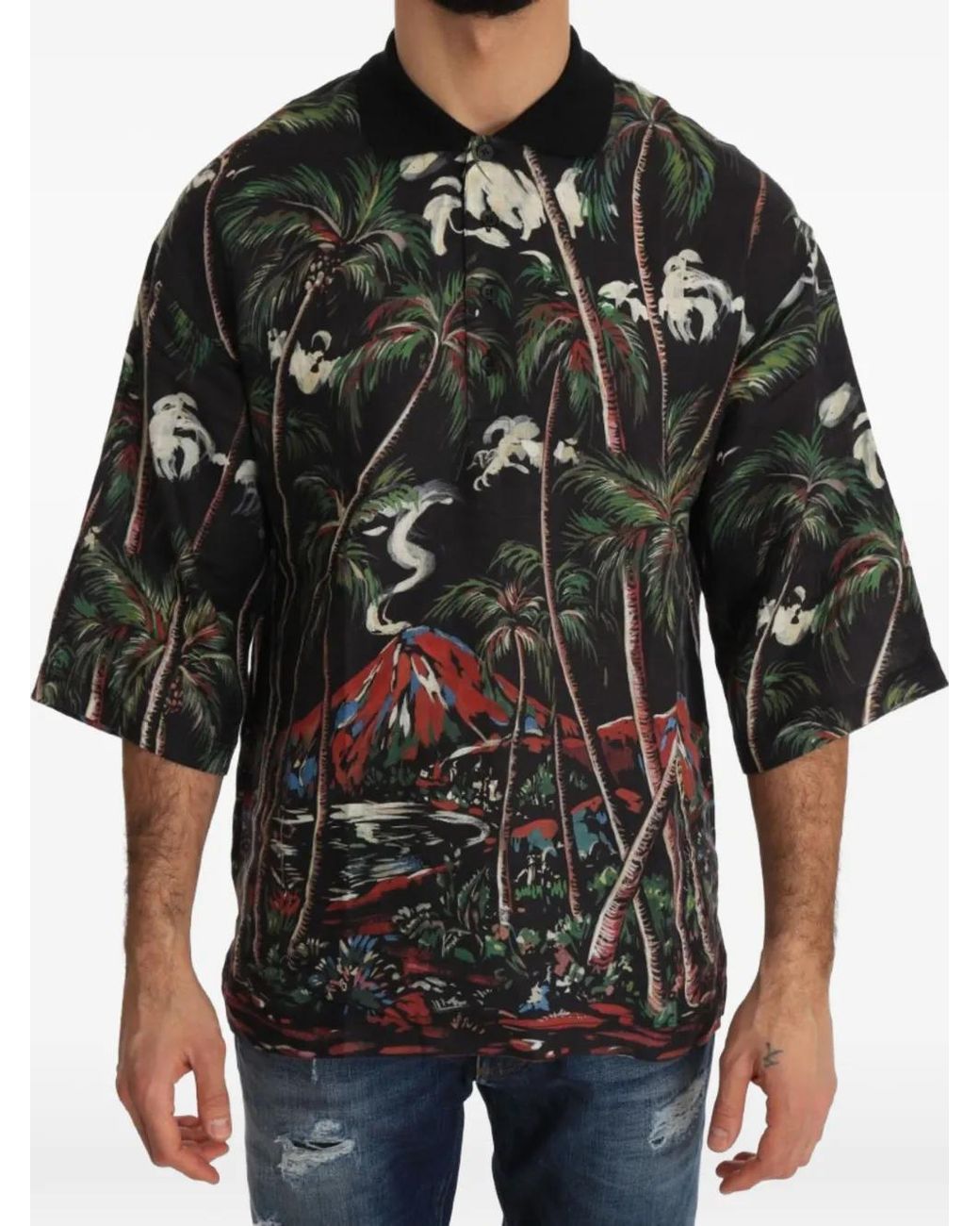 Dolce & Gabbana Black Tropical-Print Volcano-Print Polo Shirt for men