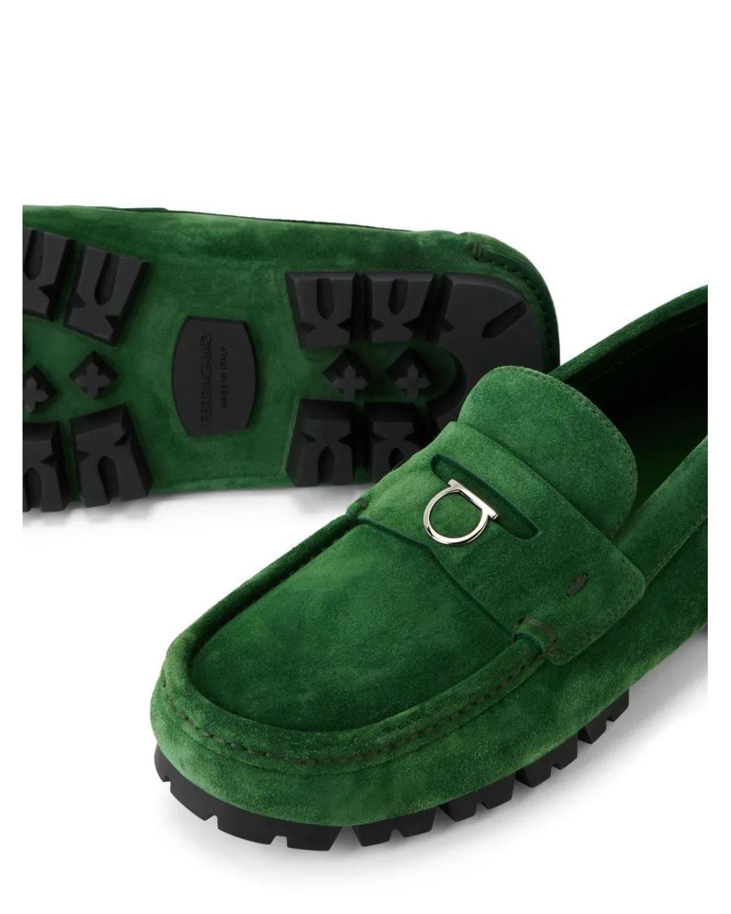 Ferragamo Green Charm-Detailing Suede Loafers for men