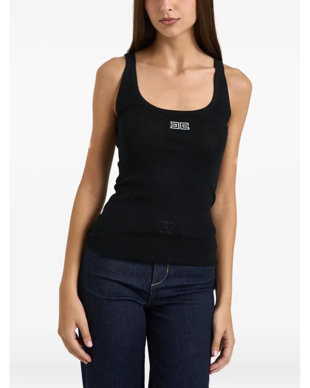Elisabetta Franchi Black Logo-Plaque Ribbed Tank Top