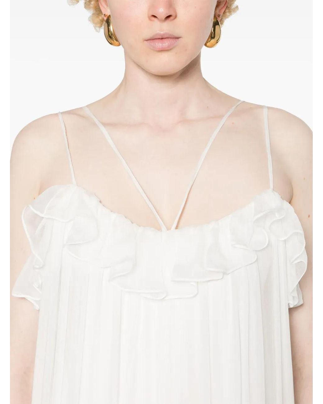 Nissa White Floral-Lace-Detail Silk Dress