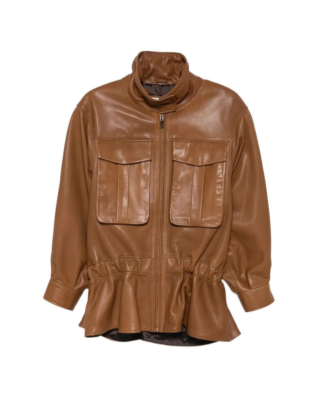 DUCIE Brown Hope High-Neck Leather Jacket
