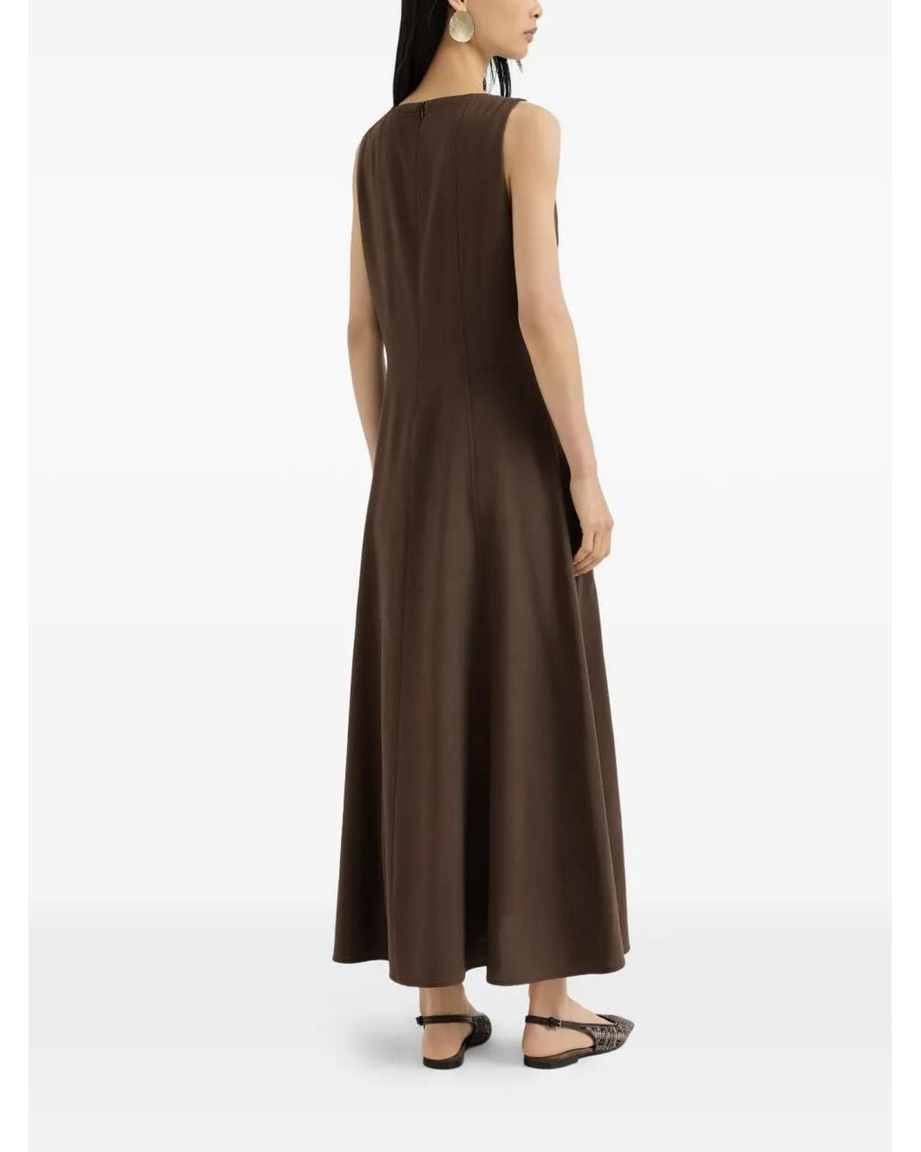 Brunello Cucinelli Brown Virgin-Wool Fluid Twill Flared Dress