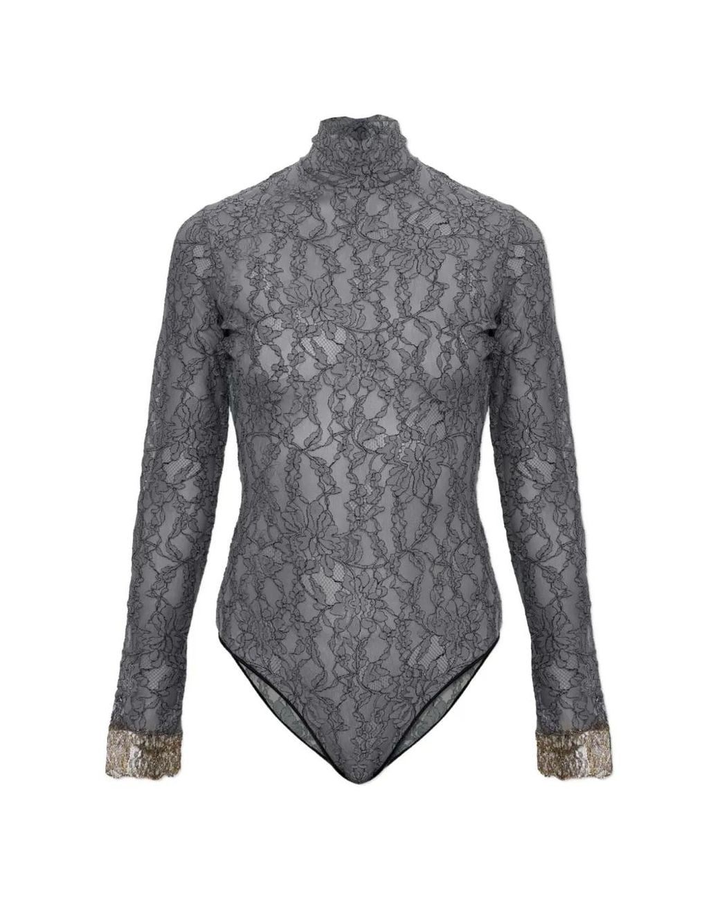 Valentino Garavani Gray Floral-Lace Long-Sleeve Bodysuit