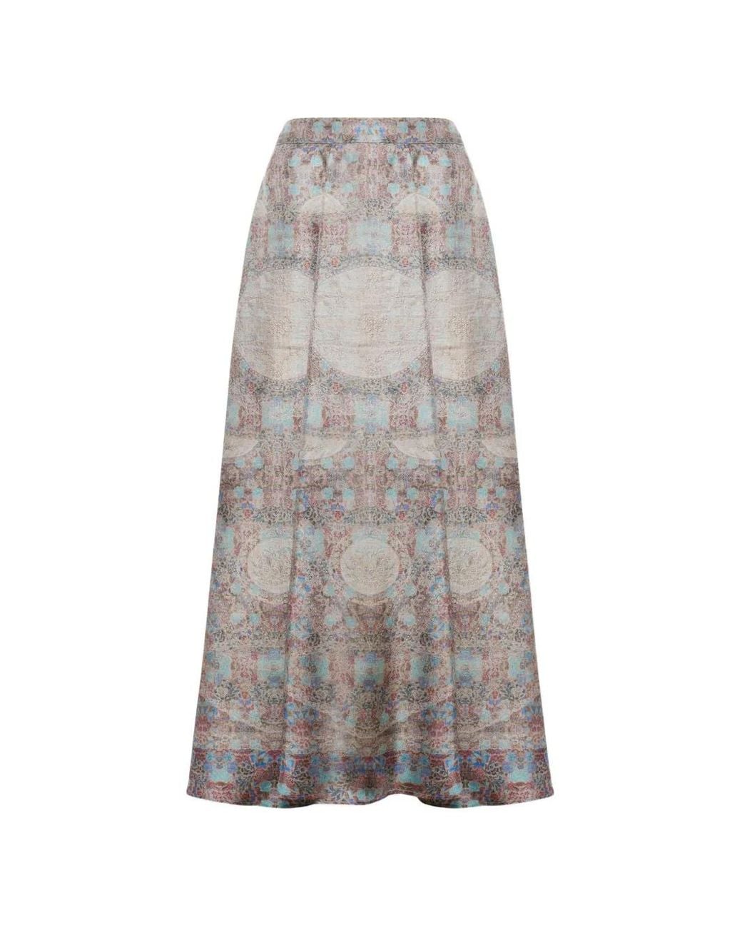 Pierre Louis Mascia Gray Aloe A-Line Printed Midi Skirt