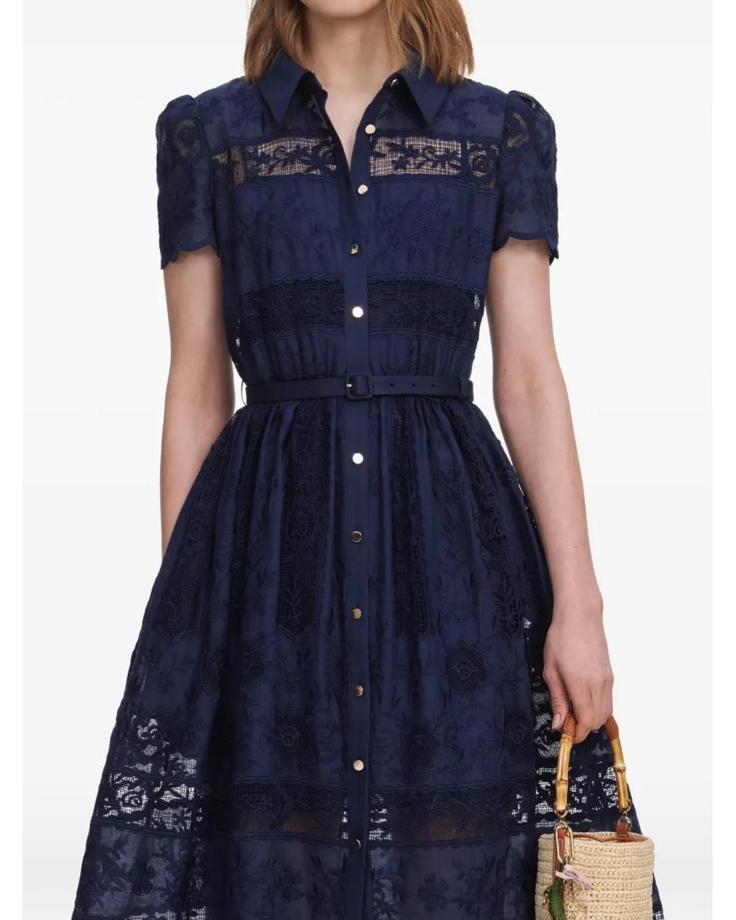 Self-Portrait Blue Ramie Collared Midi Dress