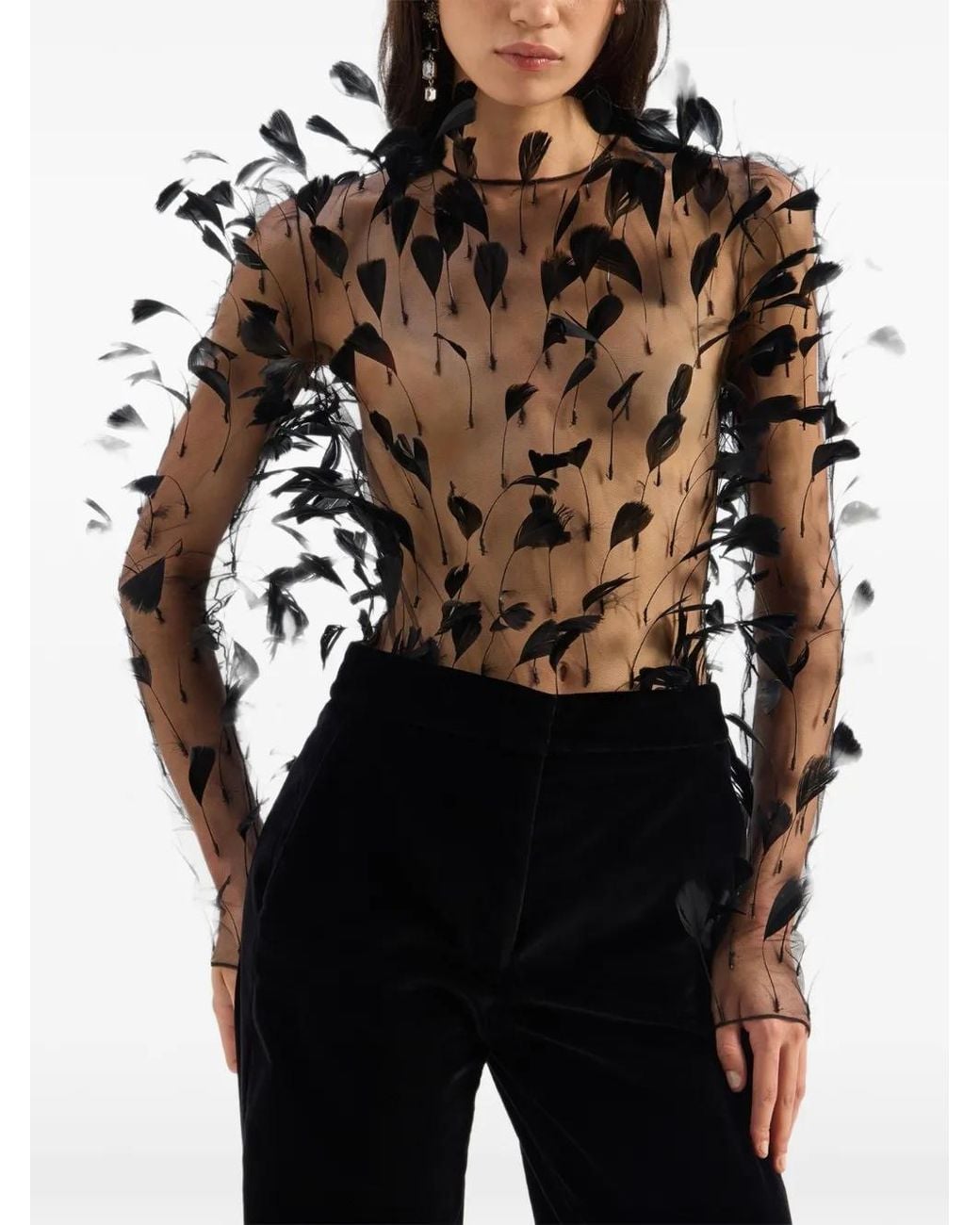 Genny White Feather-Embellished Sheer Bodysuit