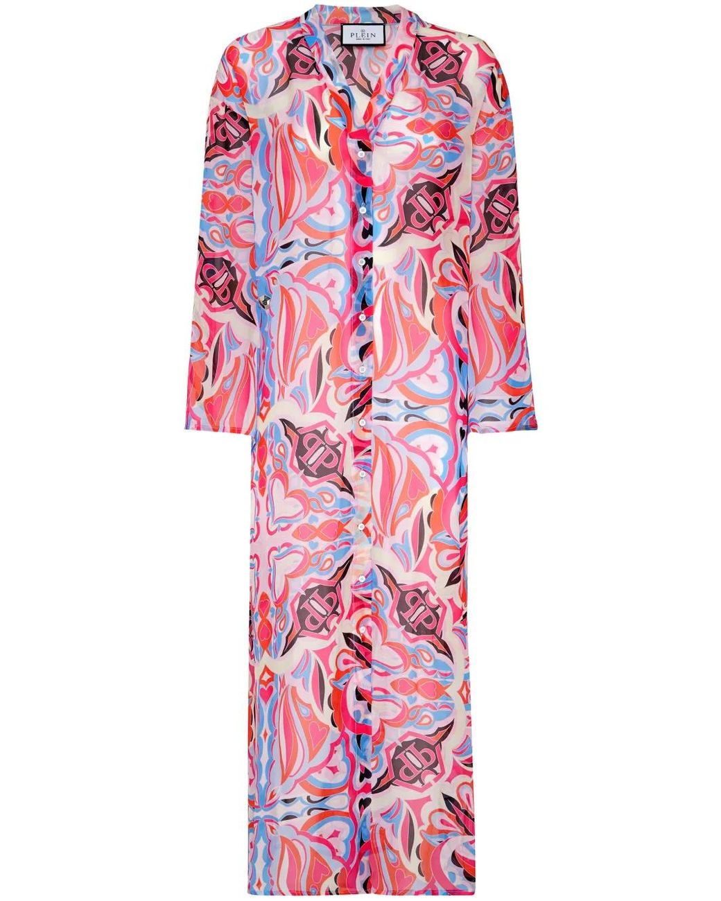 Philipp Plein Red Kaleidoscopic-Print Silk Kaftan