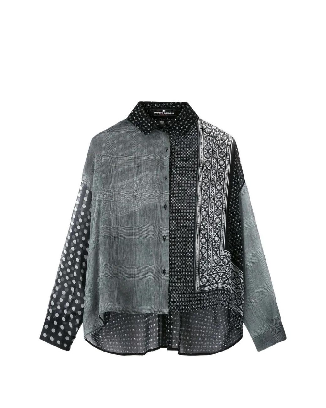 Ermanno Scervino Gray Patchwork-Print Silk Shirt
