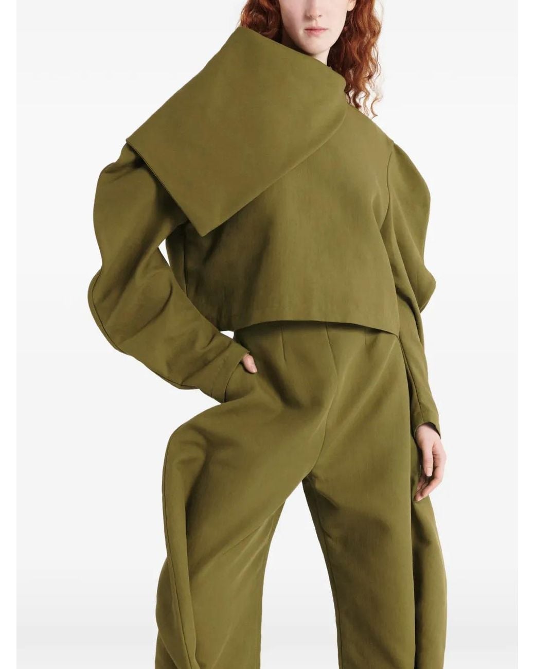 A.W.A.K.E. MODE Green Draped-Collar Puff-Sleeve Top
