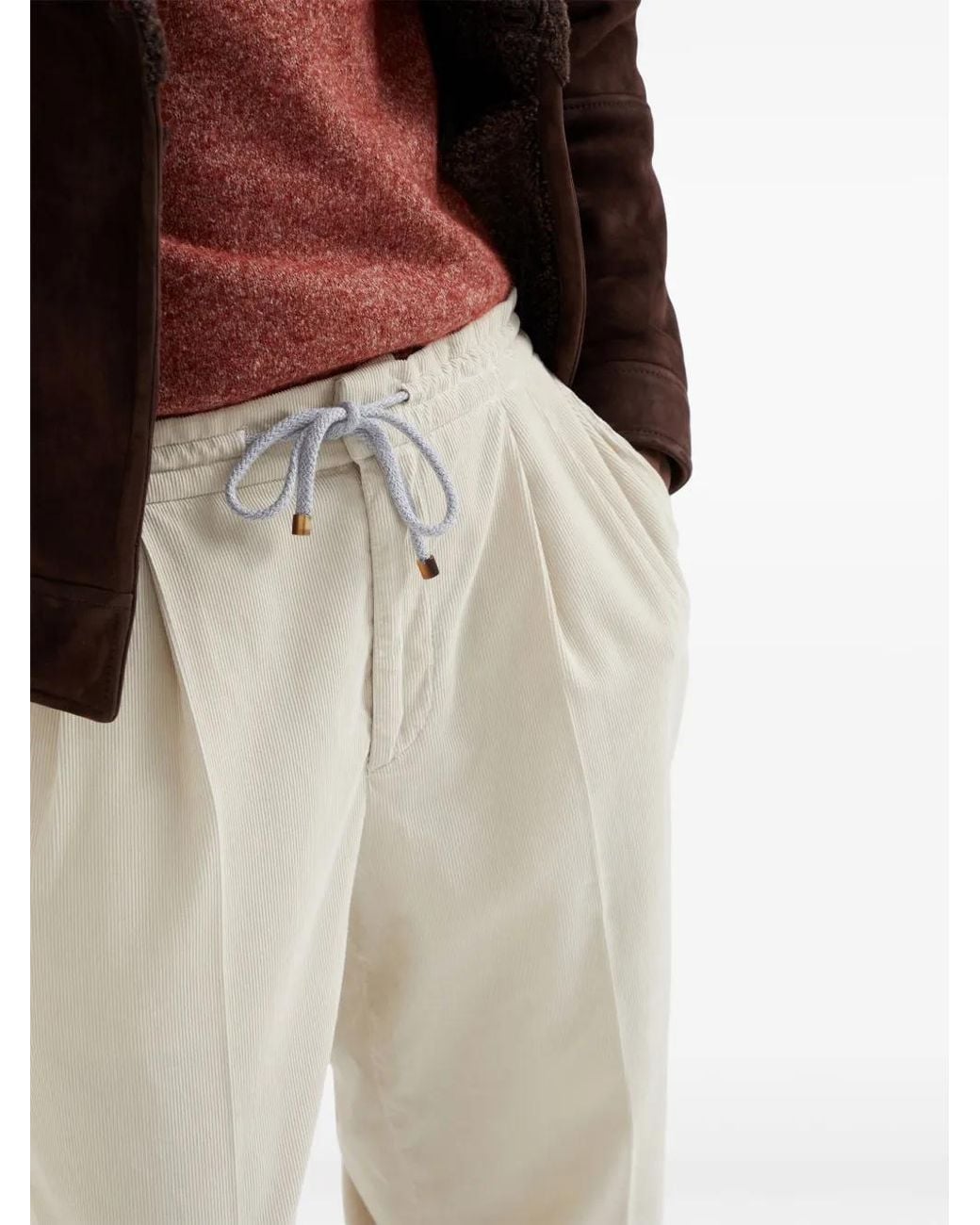 Brunello Cucinelli White Corduroy Cotton Trousers for men