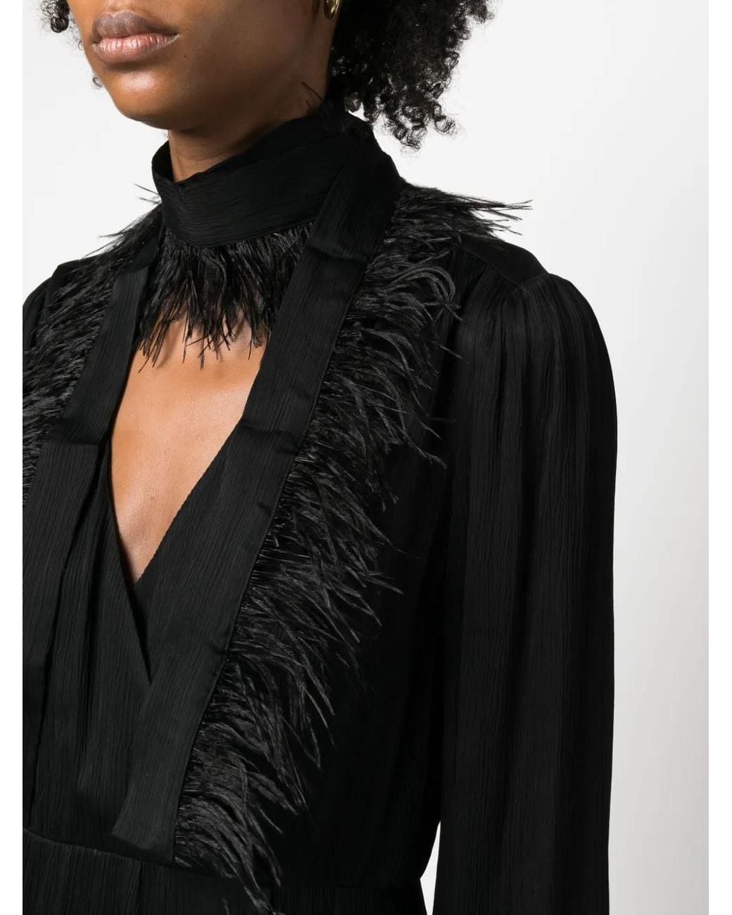 Twinset Black Feather-Trim Long-Sleeve Dress