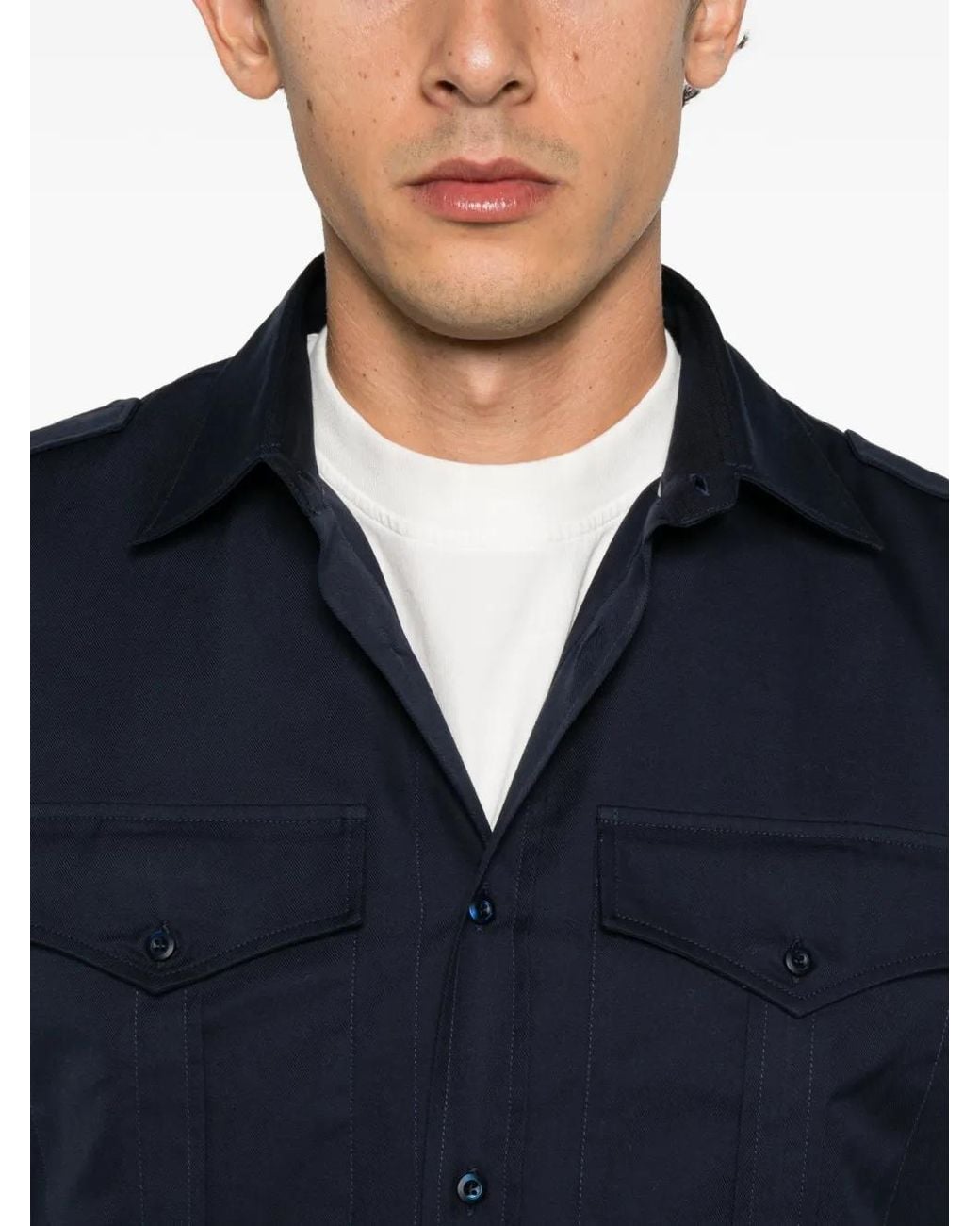 Brunello Cucinelli Blue Button-Flap Shirt for men