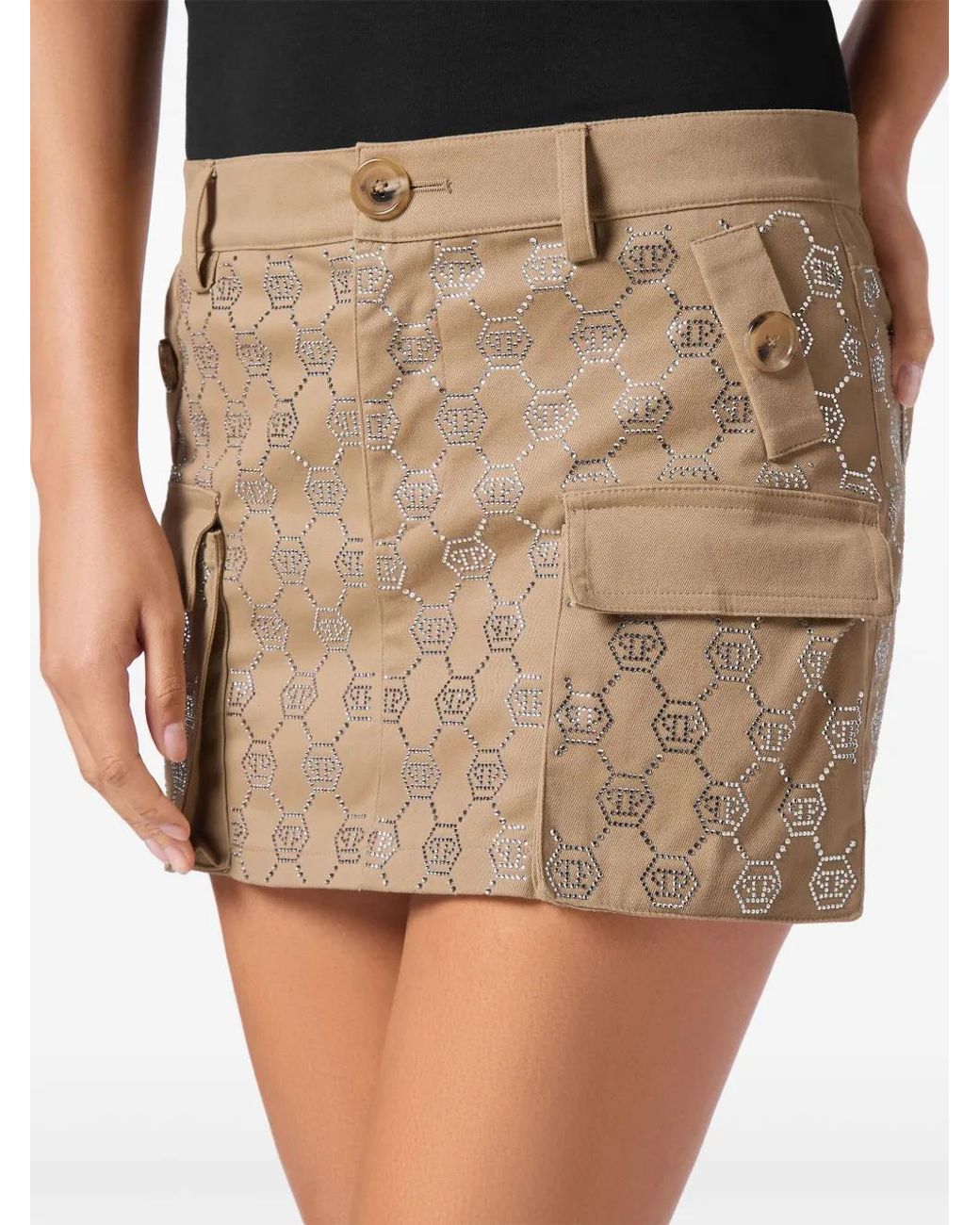 Philipp Plein Natural Cargo Mini Skirt Strass Monogram