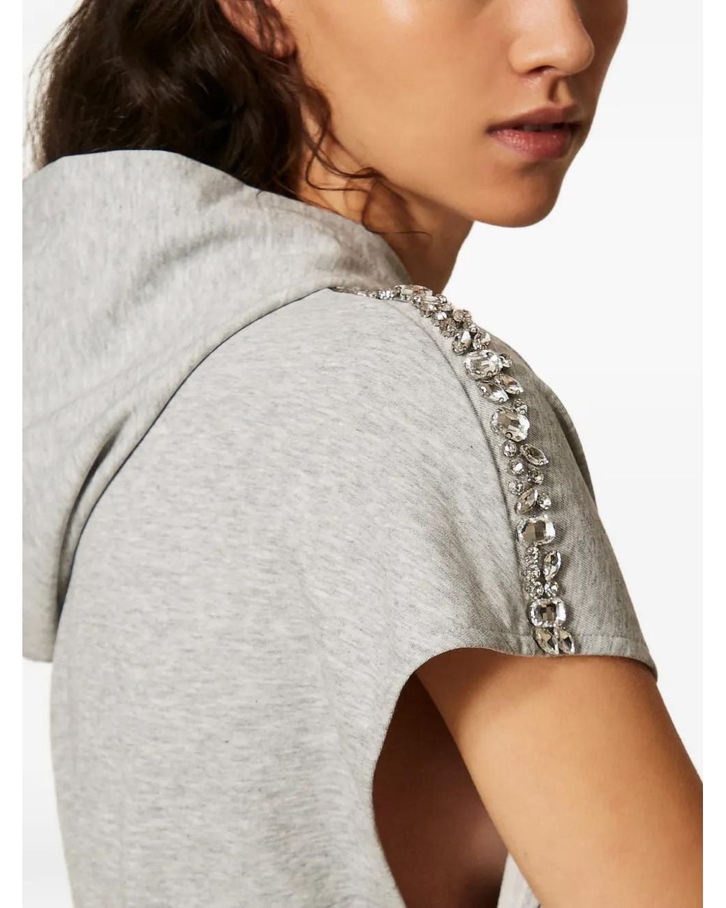 Twinset Gray Hoodie With Cabochon Embroidery