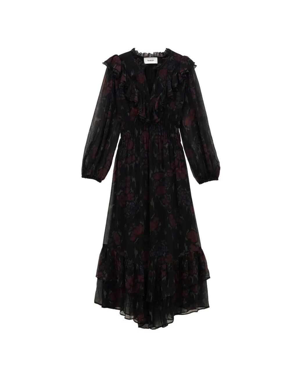 Ba&sh Black Dova Ruffled Floral-Print Midi Dress