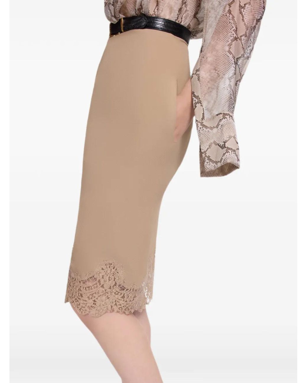 Elie Saab Natural Lace-Trim Pencil Midi Skirt