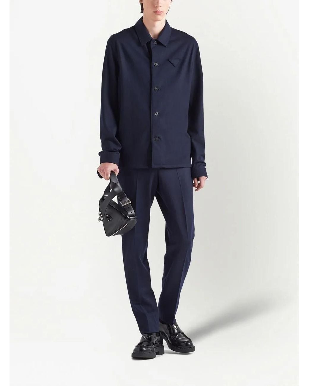 Prada Blue Triangle-Logo Wool-Blend Shirt for men