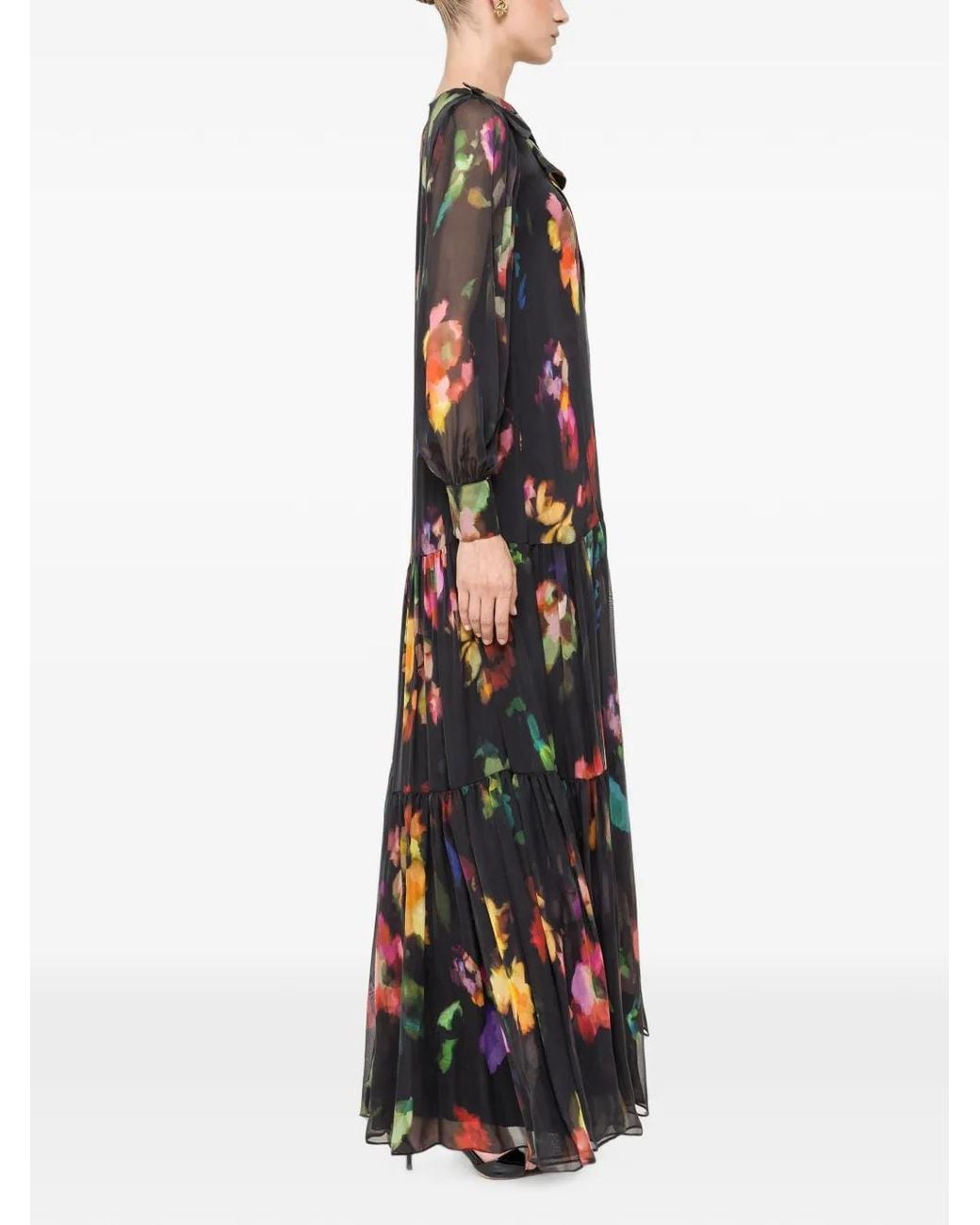 Nissa Black Robe Longue En Soie À Imprimée Graphique