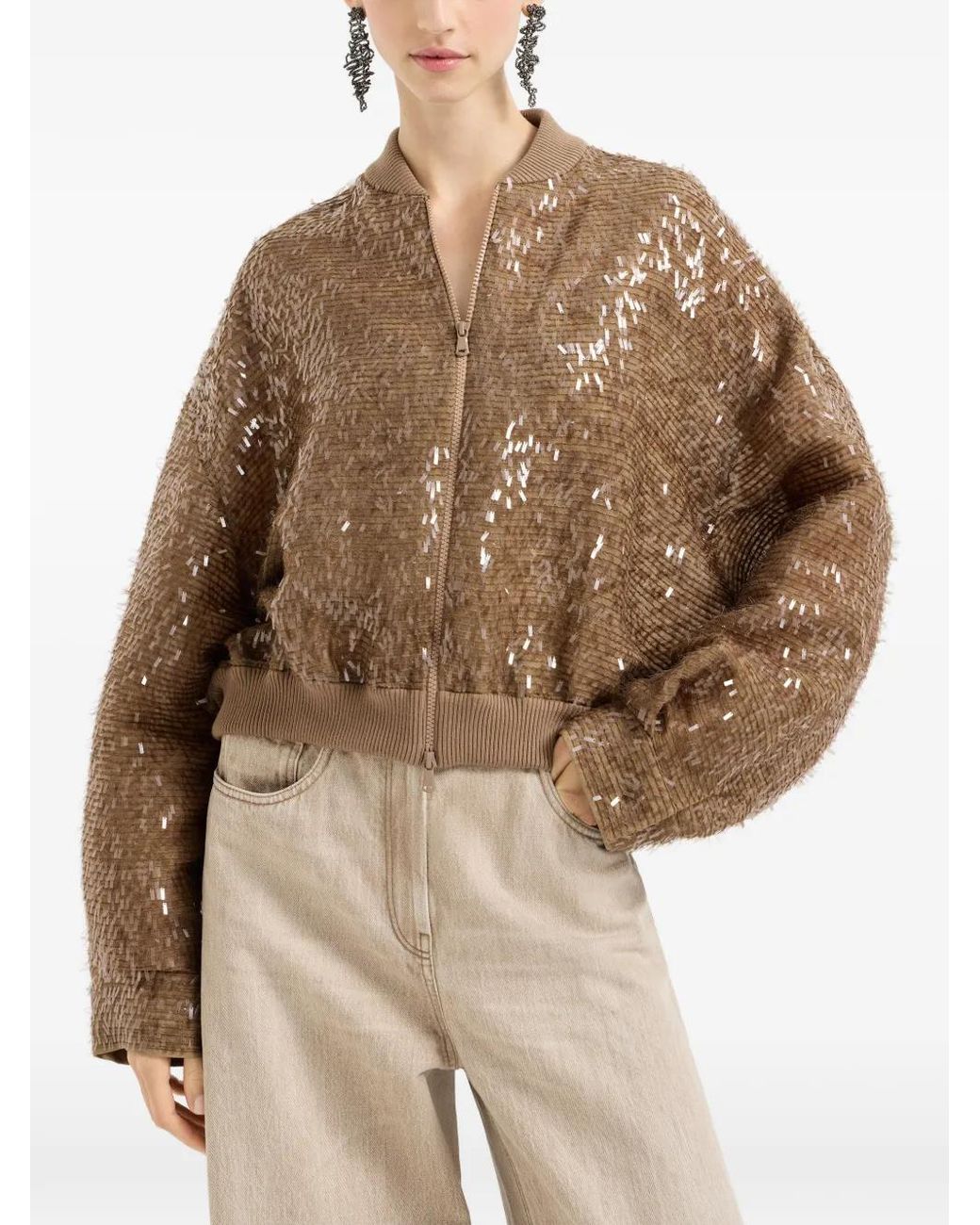 Brunello Cucinelli Brown Silk Bomber Jacket