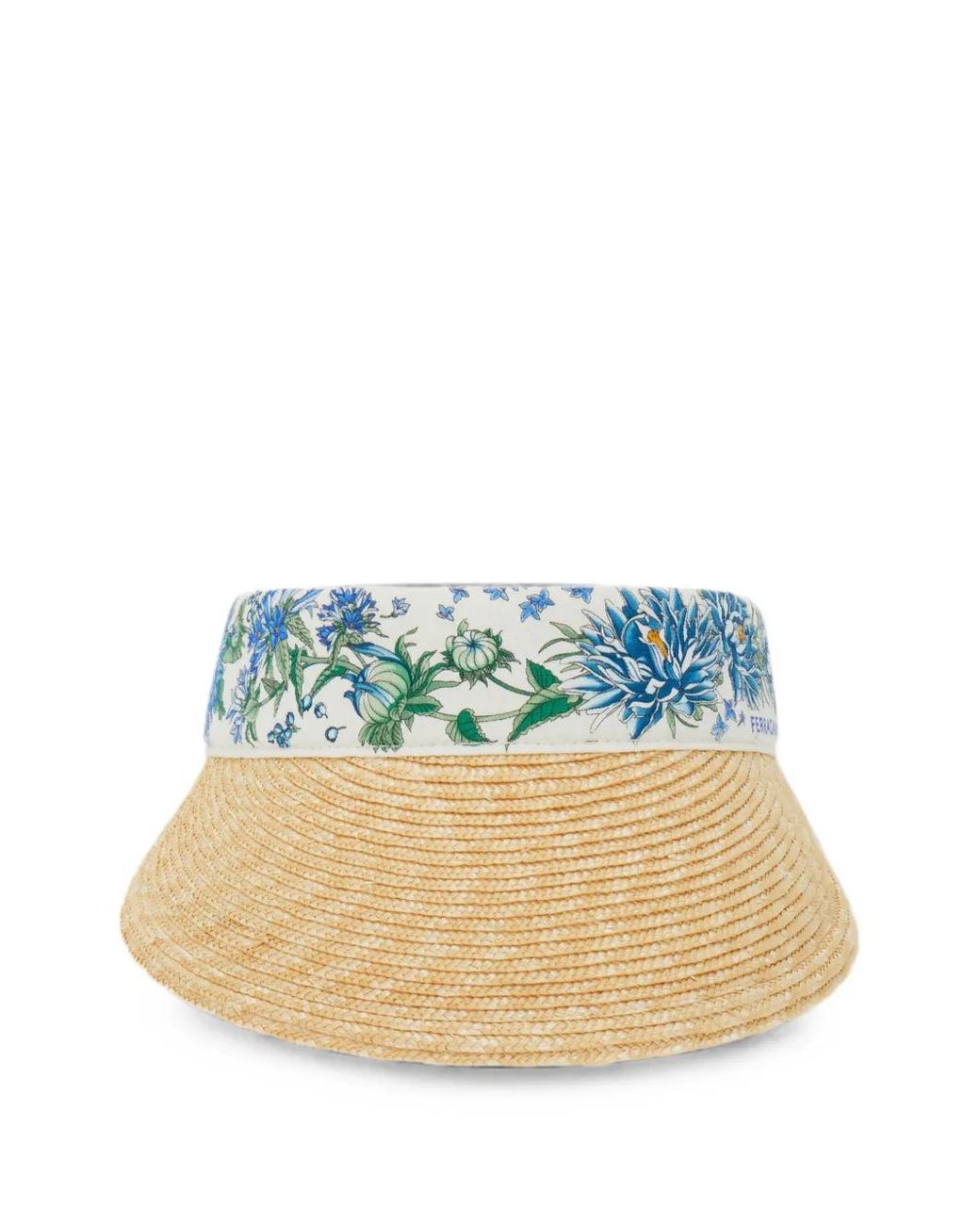 Ferragamo Blue Spring-Print Straw Visor