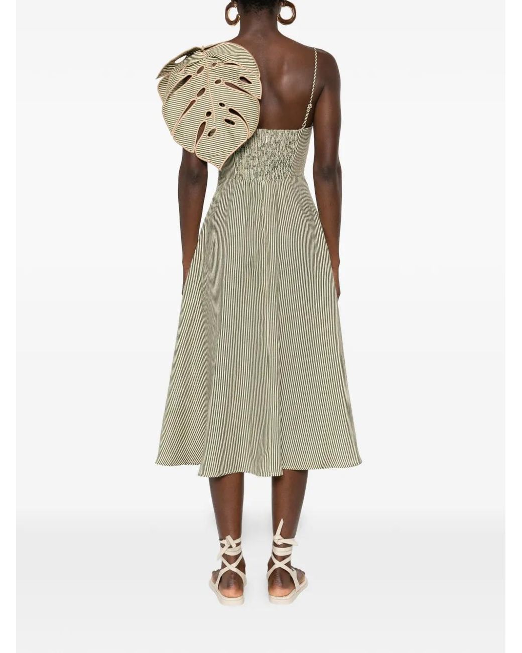 Farm Rio Green Striped Monstera Leaf Sleeveless Midi Dress