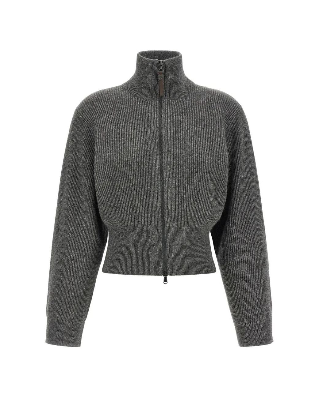 Brunello Cucinelli Gray Ribbed-Knit Zip-Up Cardigan