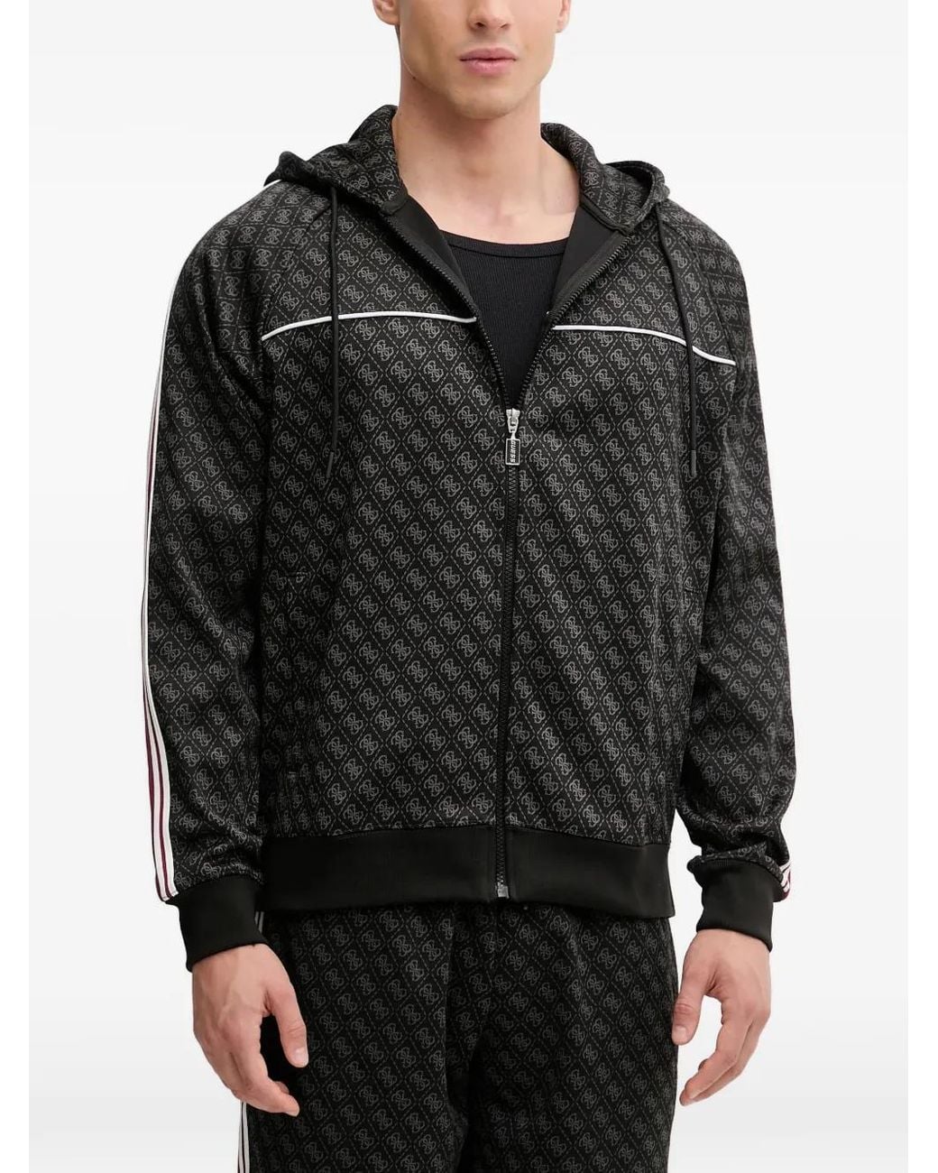 Guess Black Monogram-Pattern Striped Hoodie for men