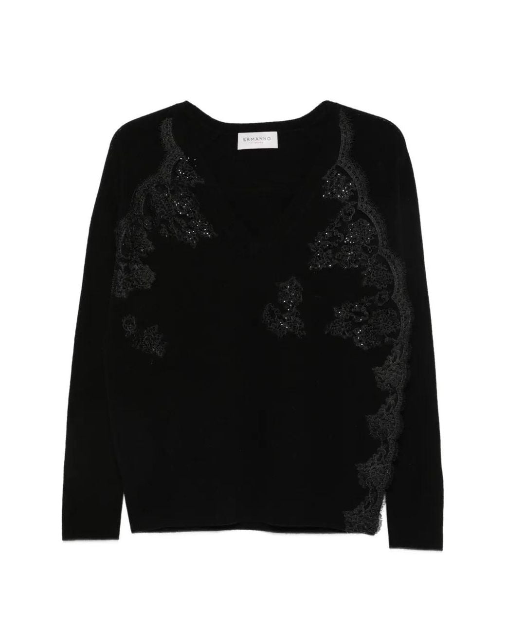 ERMANNO FIRENZE Black Lace-Panelled V-Neck Sweater