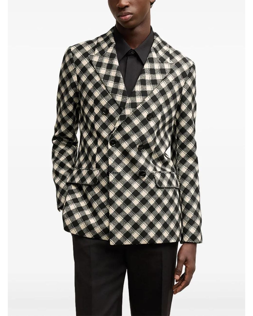 AMI Black Check Double Breasted Wool Blazer for men