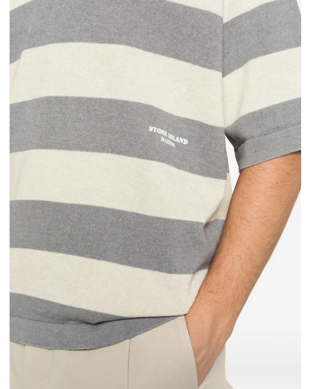 Stone Island Gray 5100042 Striped Raw Hand Organic Cotton + Linen S.I. Marina Polo Shirt for men