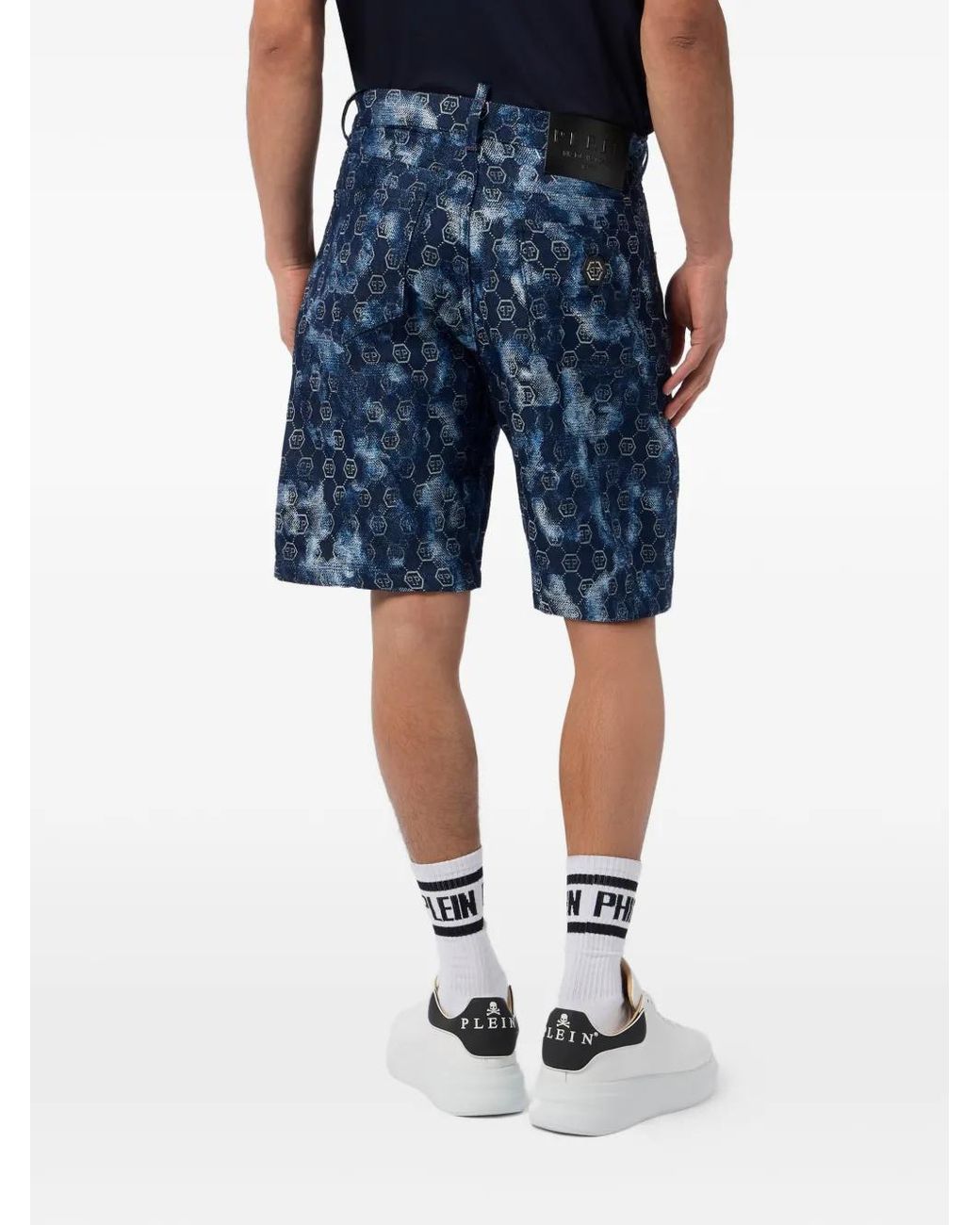 Philipp Plein Blue Monogram-Pattern Denim Shorts for men