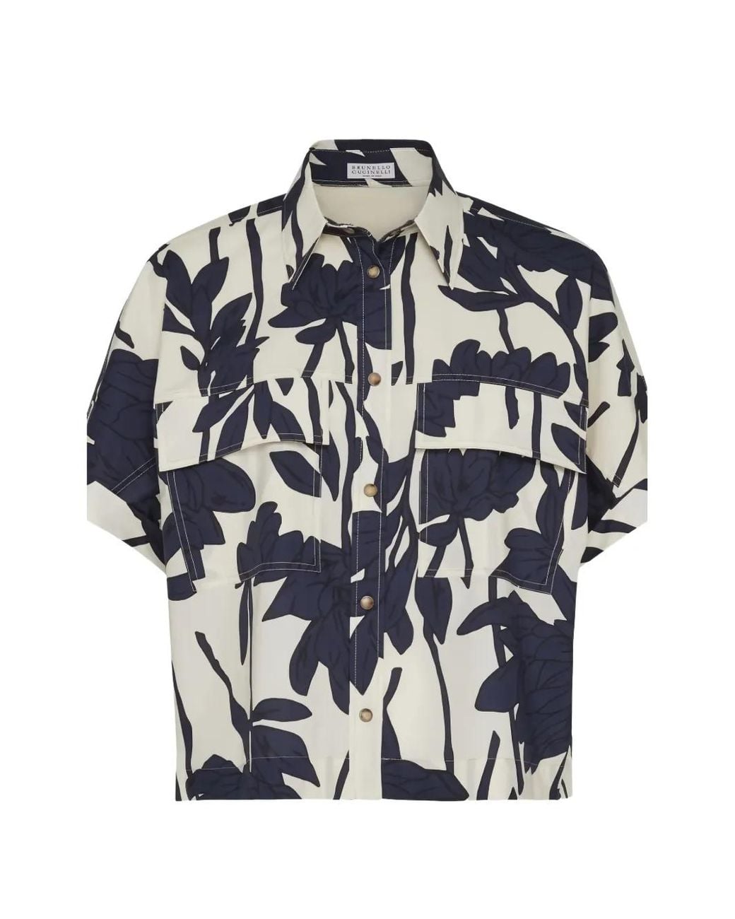 Brunello Cucinelli Blue Floral-Print Short-Sleeve Shirt