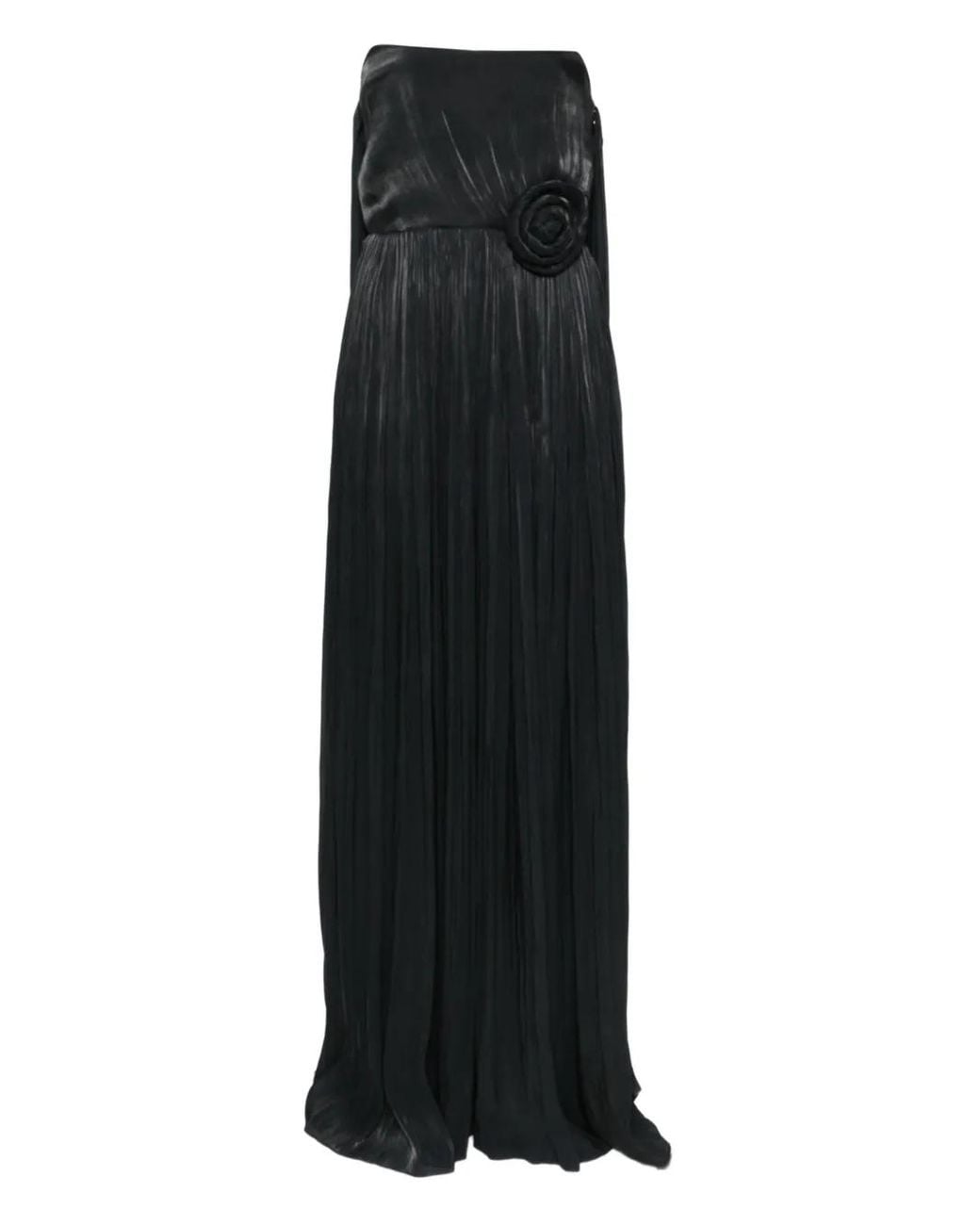 Nissa Black Pleated Rose-Embellished Maxi Dress
