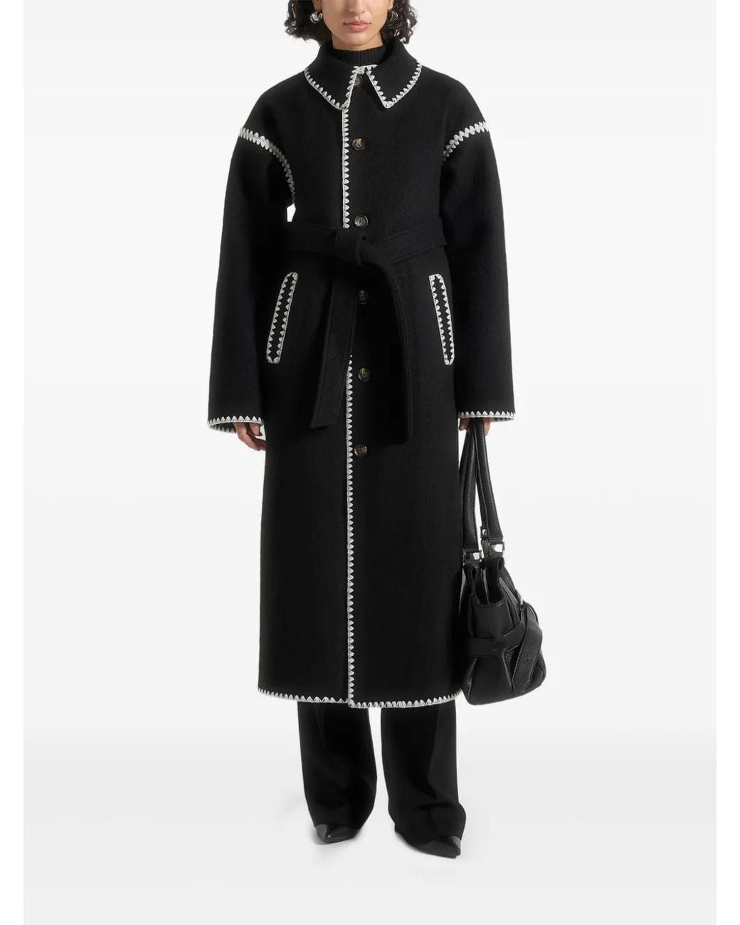 Manière De Voir Black Elora Blanket-Stitch Belted Coat