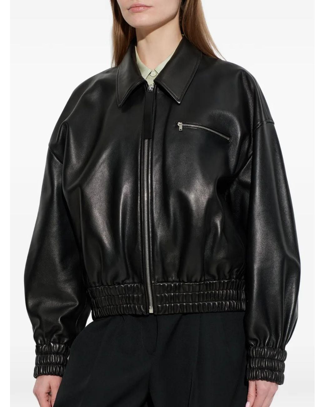Jil Sander Black Leather Bomber Jacket
