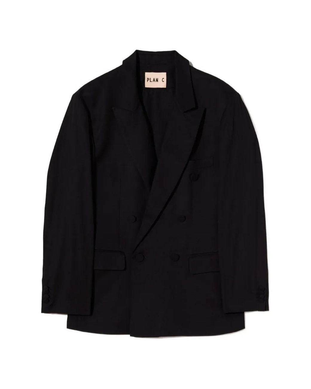 Plan C Black Peak-Lapel Double-Breasted Blazer