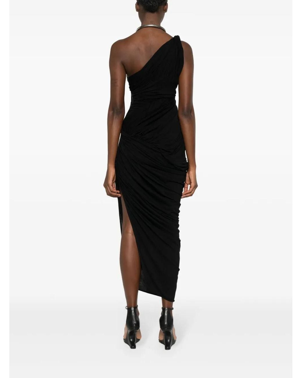 Rick Owens Black One-Shoulder Draped Midi Dress