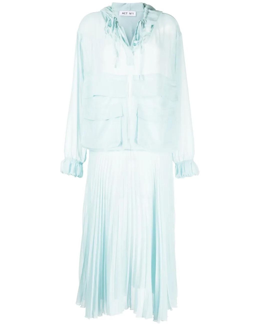 Act No1 Blue Pleated Long-Sleeve Organza Dress