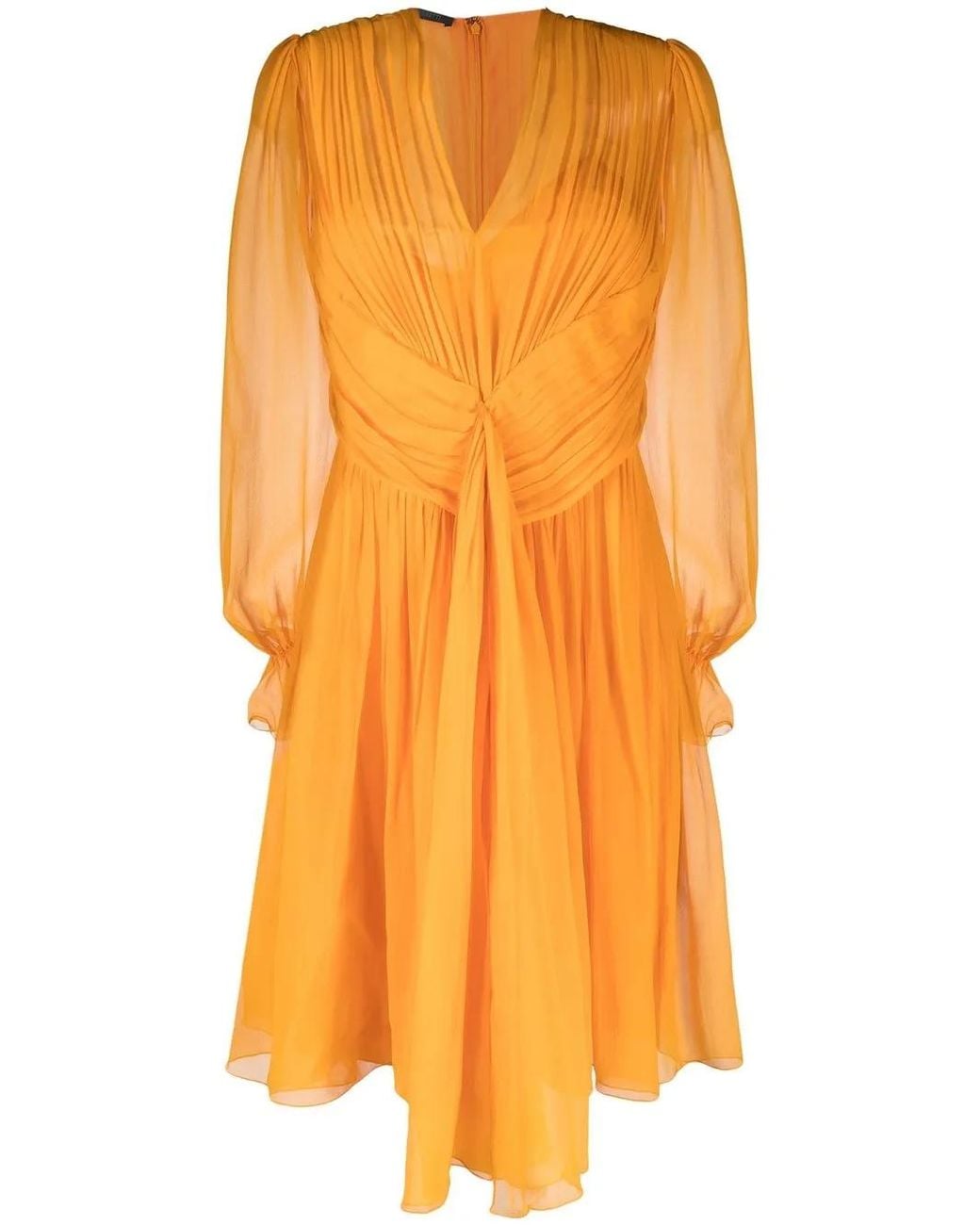 Alberta Ferretti Orange Pleated Silk V-Neck Dress