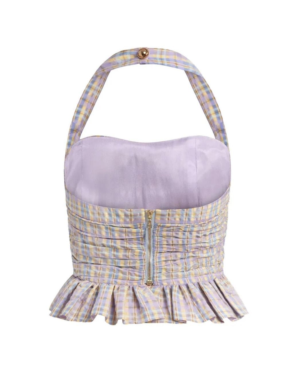 Markarian Purple Kit Ruched Ruffled-Hem Halter Top