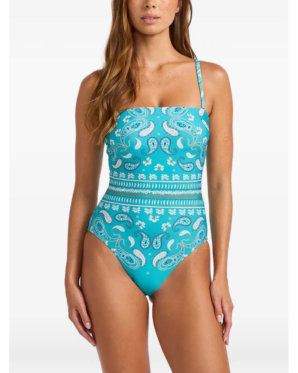 Seafolly Blue Drift Club Paisley-Print Bandeau Swimsuit