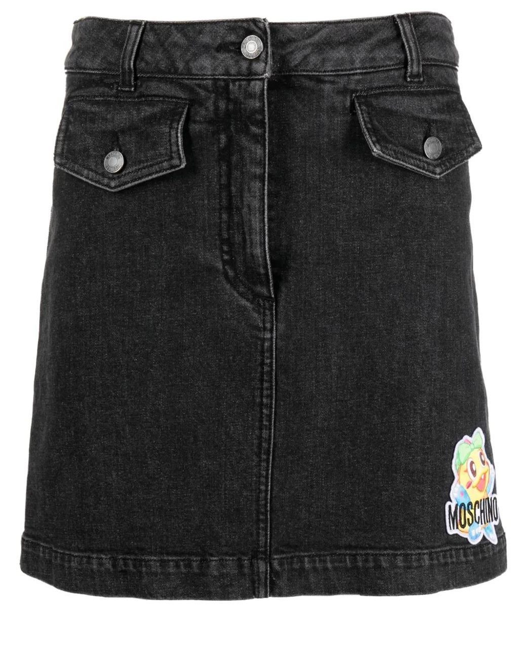 Moschino Black Cartoon-Embroidered A-Line Denim Skirt